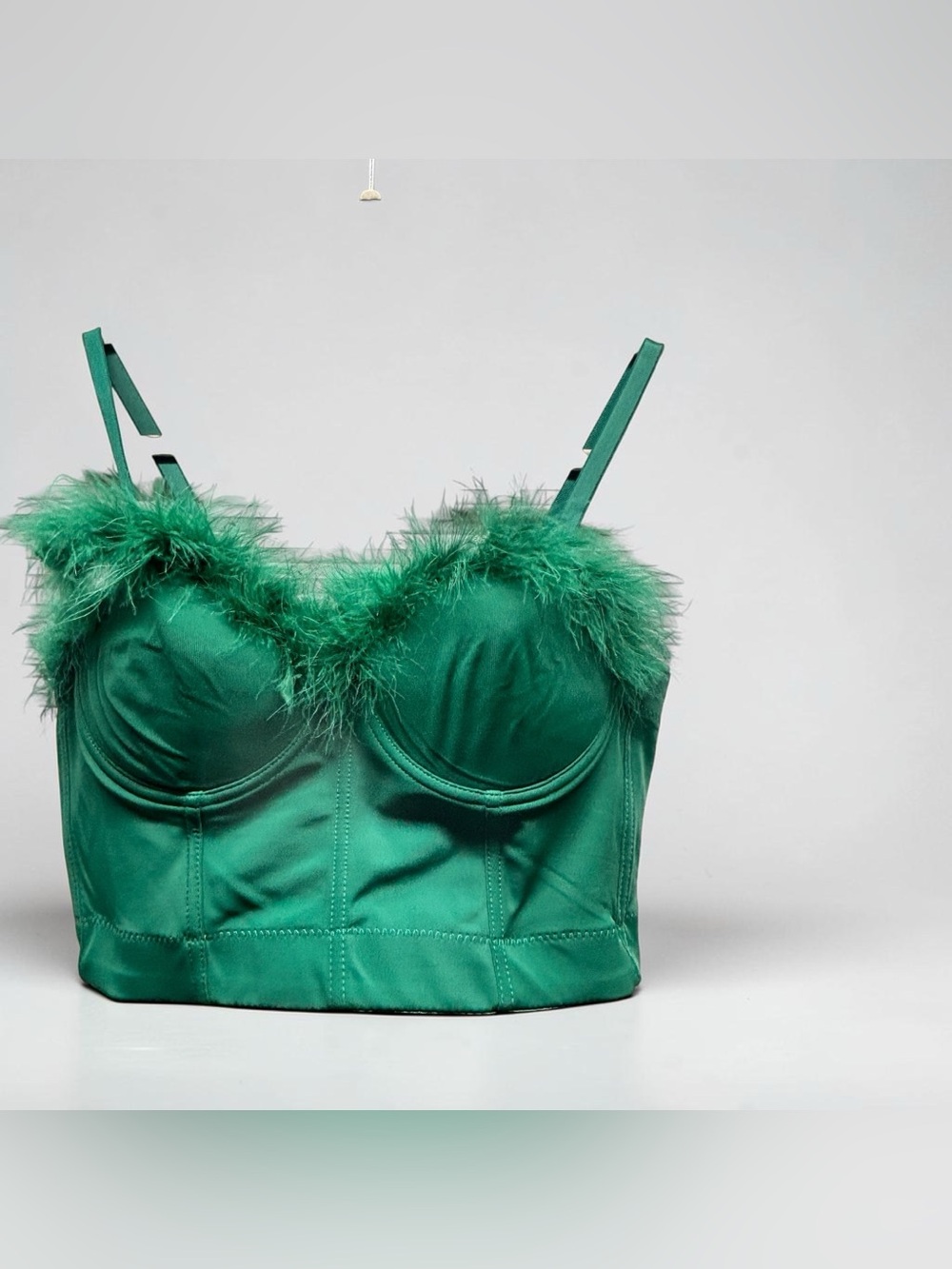 Green Feather-Trim Satin Bustier Top